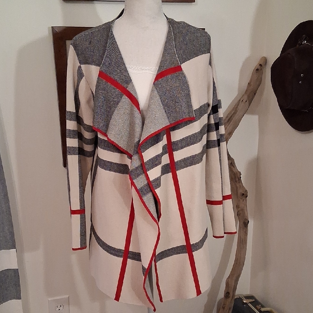 Stylish Women's open Front Cardigan with Red and Gray Accents